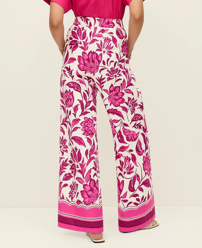 Ann Taylor The Floral Pull On Wide-Leg Pant Linen Pink Women's