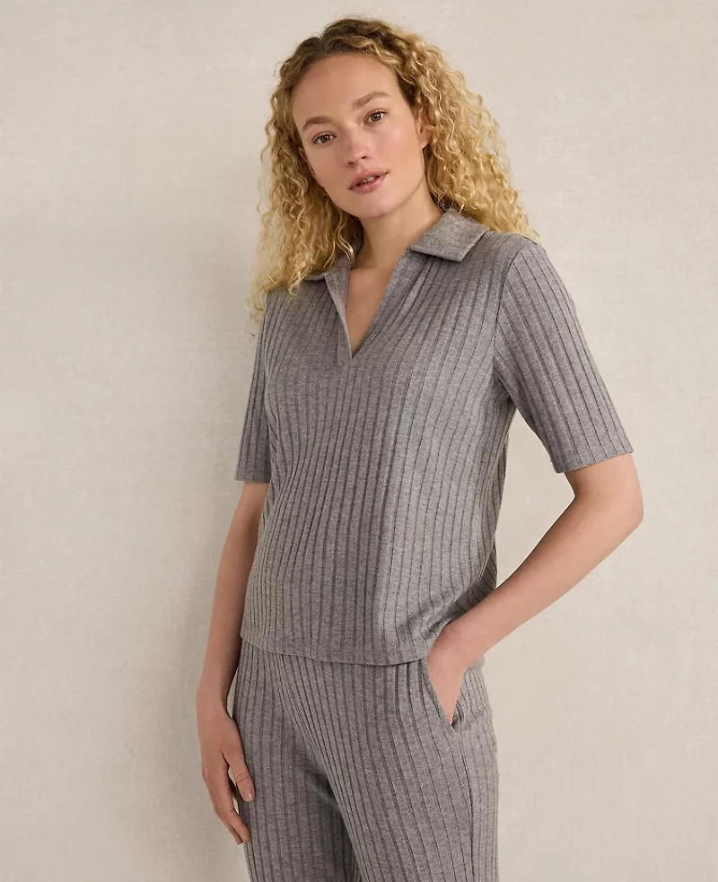 Ann Taylor Haven Well Within Wide Rib Knit Johnny Collar Top Fog Grey Heather Women's