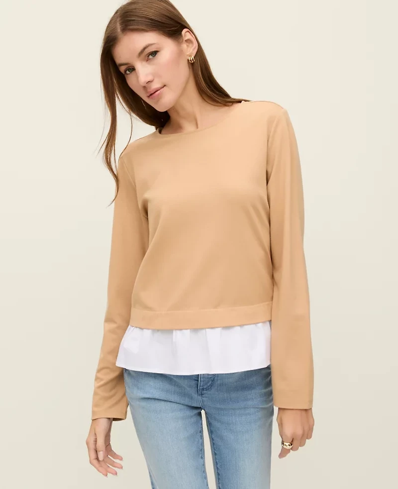 Ann Taylor Petite Weekend Collection Mixed Media Top Cafe Au Lait Women's