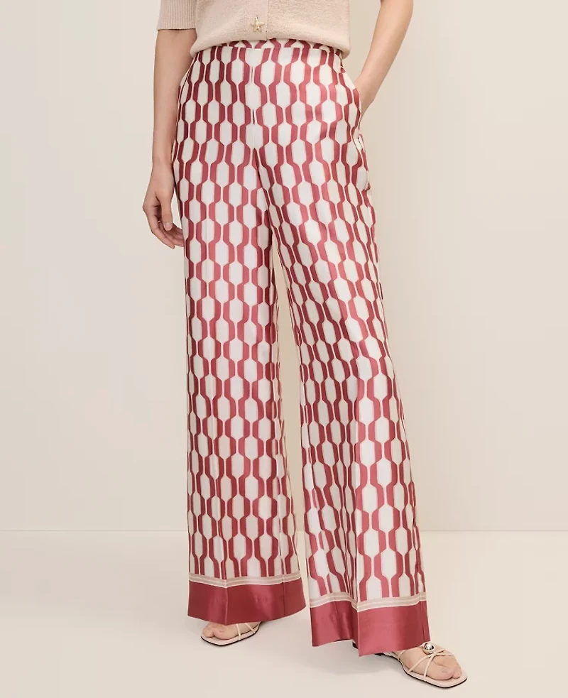 Ann Taylor The Wide-Leg Pant Satin Geo Print Winter White Women's