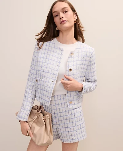 Ann Taylor Petite Patch Pocket Jacket Tweed Neutral/Blue Combo Women's
