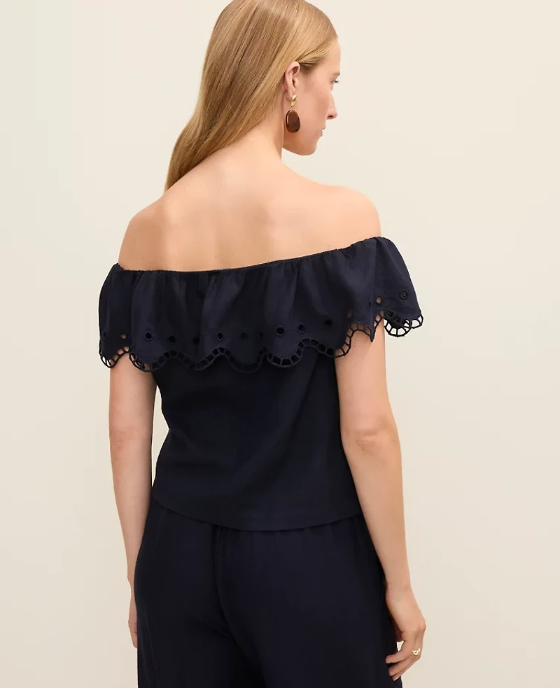 Ann Taylor Off-The-Shoulder Top Linen Blend Night Sky Women's