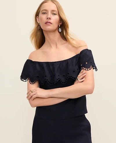 Ann Taylor Off-The-Shoulder Top Linen Blend Night Sky Women's