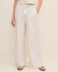 Ann Taylor Weekend Striped Easy Fit Wide-Leg Pant Linen Blend Sail Cloth Women's