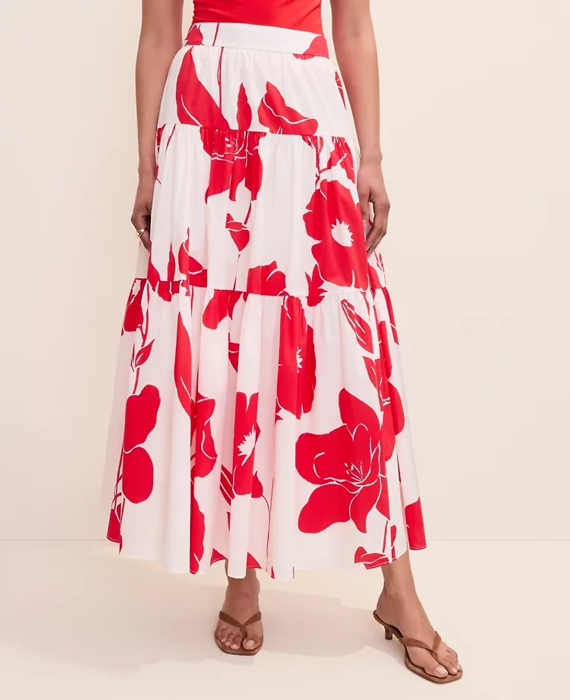 Ann Taylor Floral Tiered Full Skirt Bright Cherry Women's