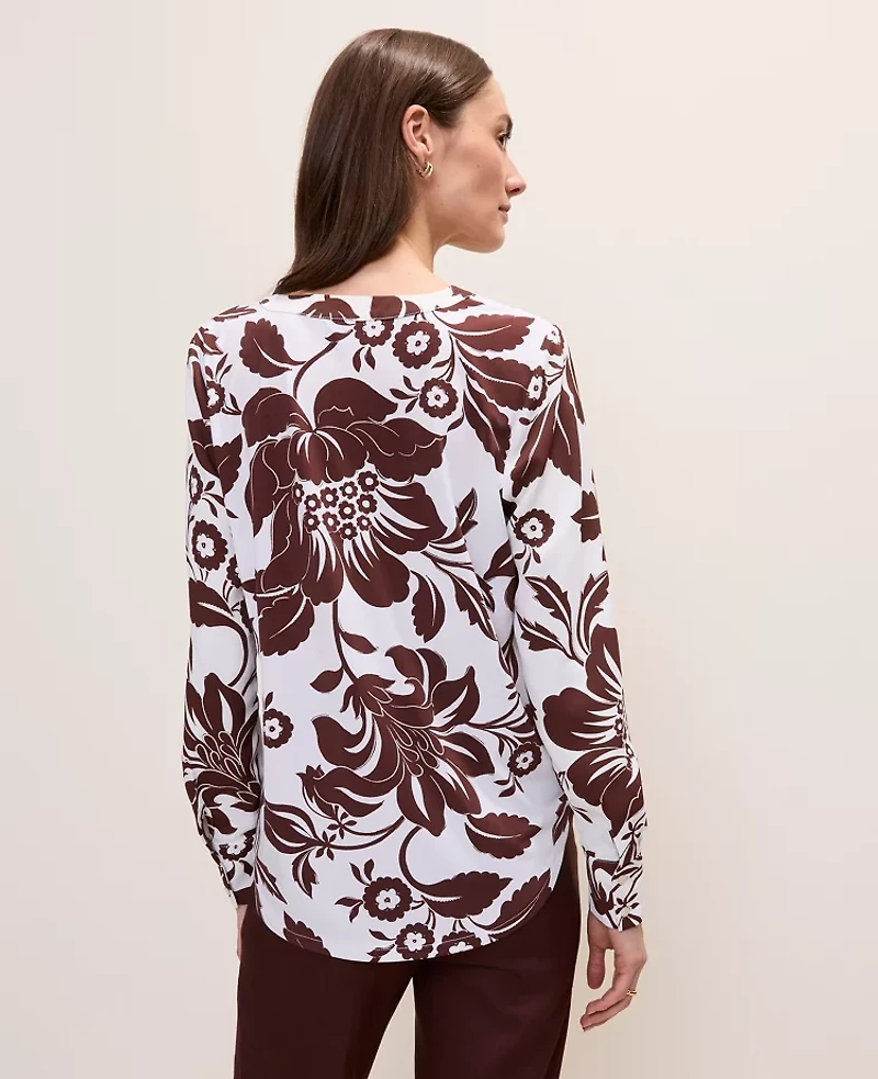 Ann Taylor Floral Mixed Media Pleat Front Top Rich Walnut Women's