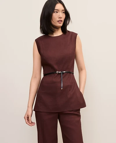 Ann Taylor The Petite Long Crew Neck Top Linen Blend Rich Walnut Women's