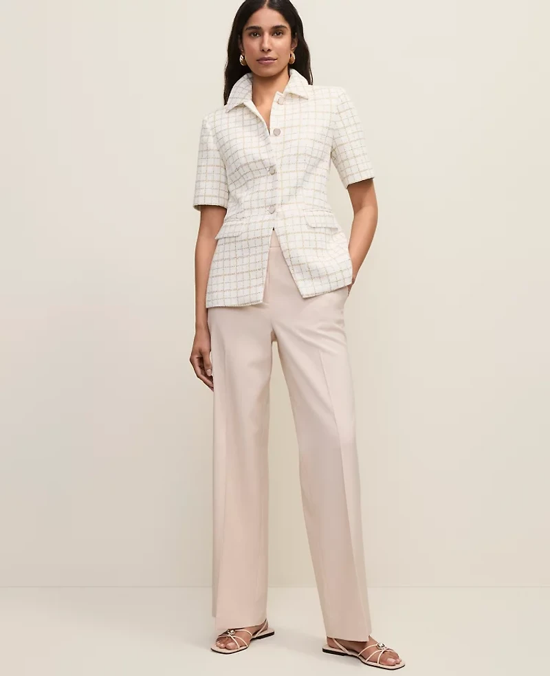 Ann Taylor The Petite Short Sleeve Cutaway Jacket Metallic Tweed Gold/White Women's