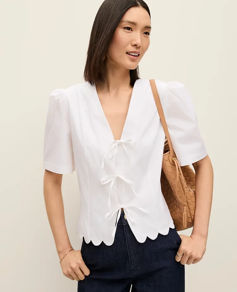 Ann Taylor Petite Tie Front Blouse White Women's
