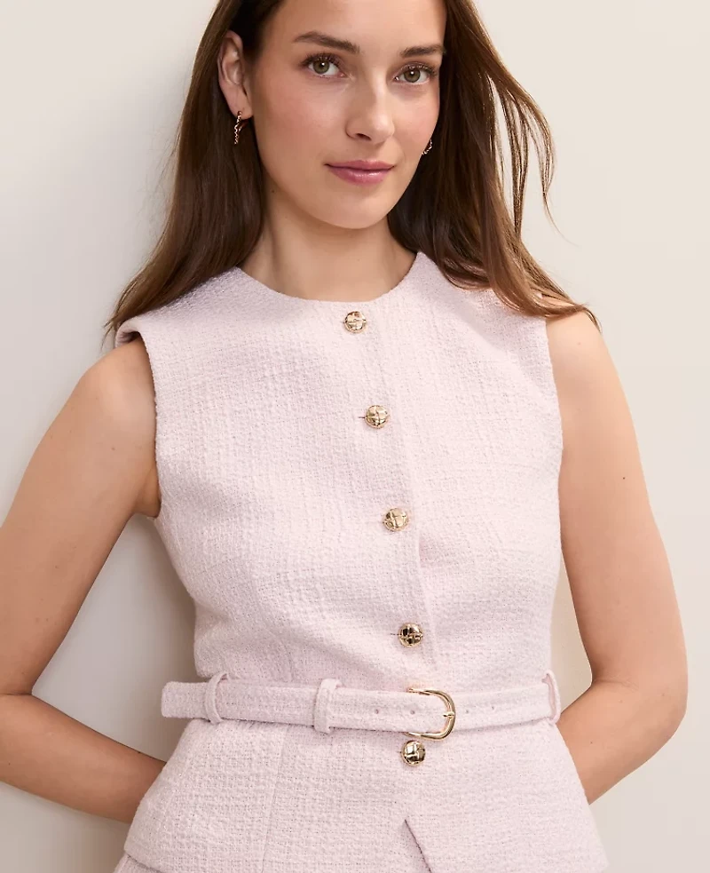 Ann Taylor The Petite Crew Neck Belted Vest Tweed Blush Haze Women's