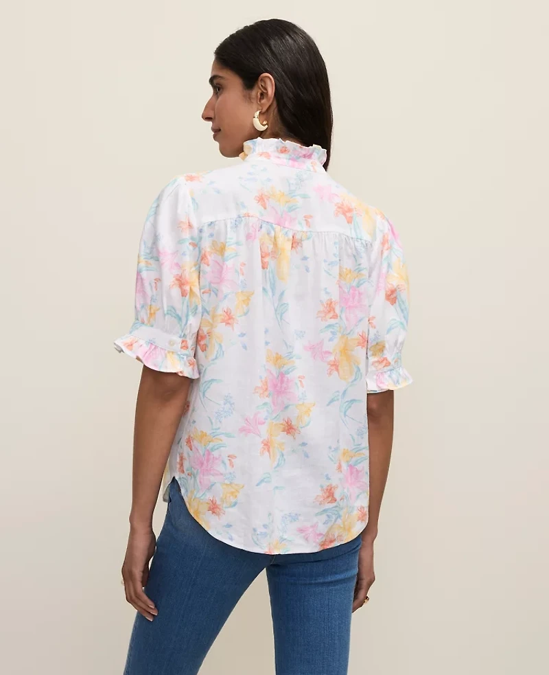 Ann Taylor Floral Linen Blend Ruffle Blouse Women's
