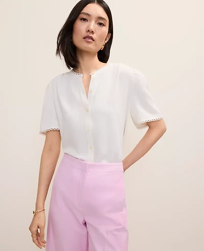 Ann Taylor Petite Lace Trim Top Winter White Women's