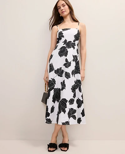 Ann Taylor Floral Midi Dress in Linen Blend Size 16 White Women's
