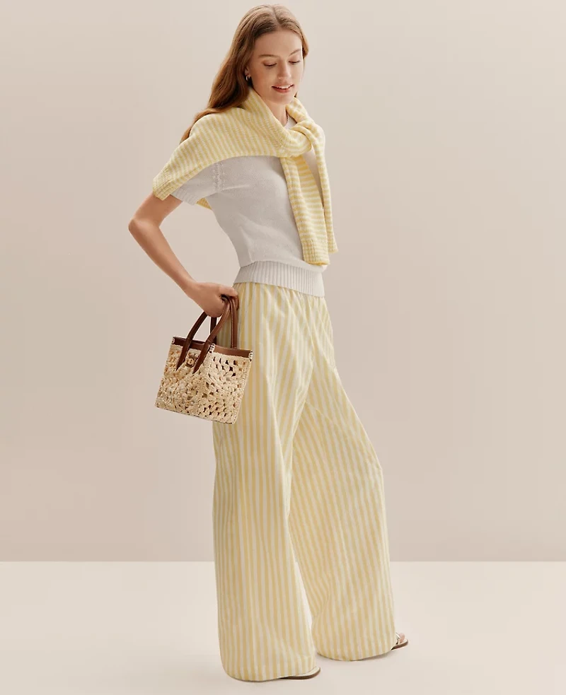 Ann Taylor Petite Weekend Striped Easy Palazzo Pant Yellow Hibiscus Women's