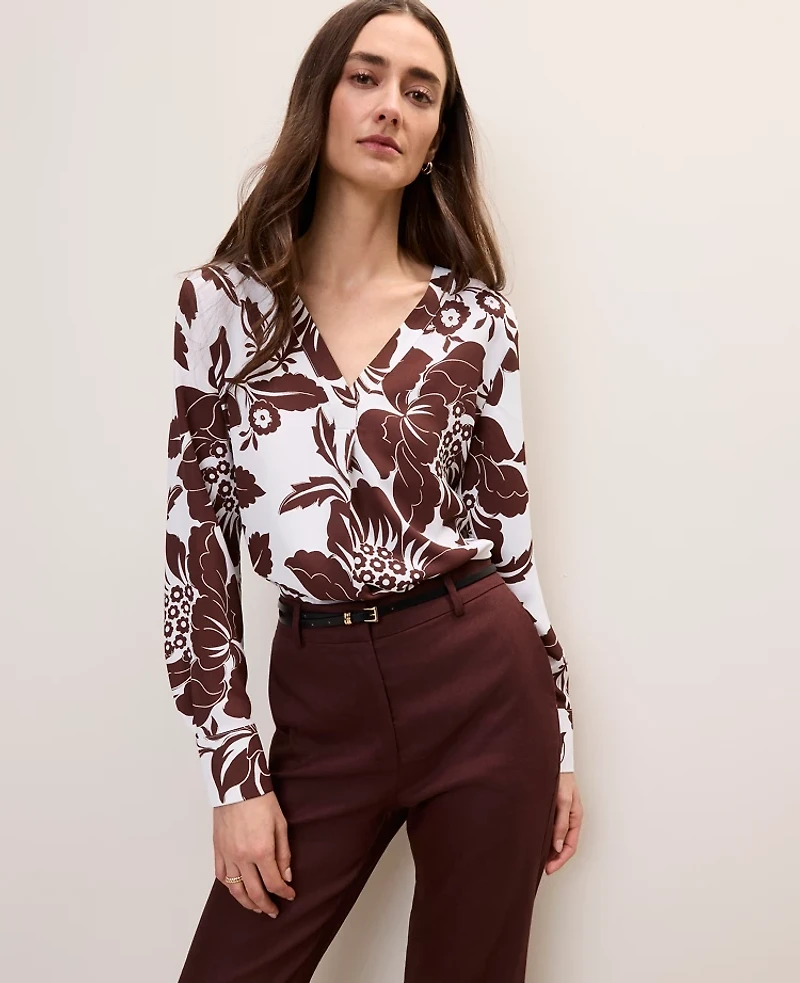 Ann Taylor Petite Floral Mixed Media Pleat Front Top Rich Walnut Women's