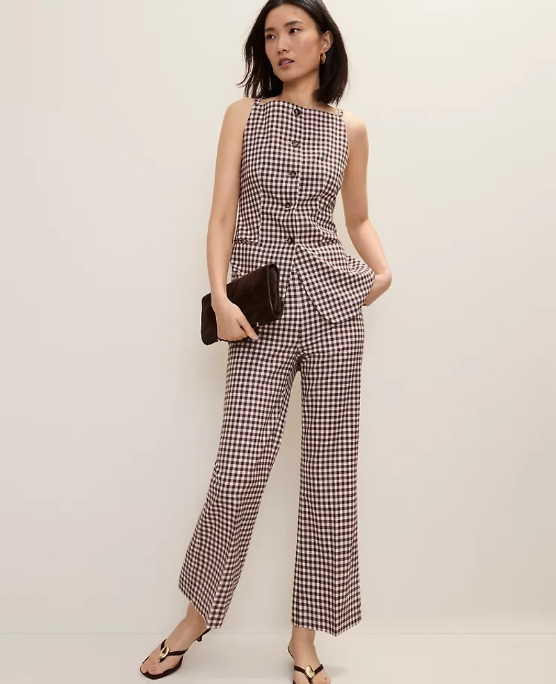 Ann Taylor The Tall Side Zip Flare Pant Gingham Brown/White Check Women's