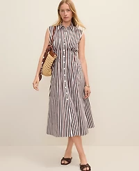 Ann Taylor Weekend Striped Pleated Midi Shirtdress Rich Walnut Women's