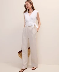Ann Taylor The Petite Pleated Straight Pant Linen Blend Natural Flax Women's