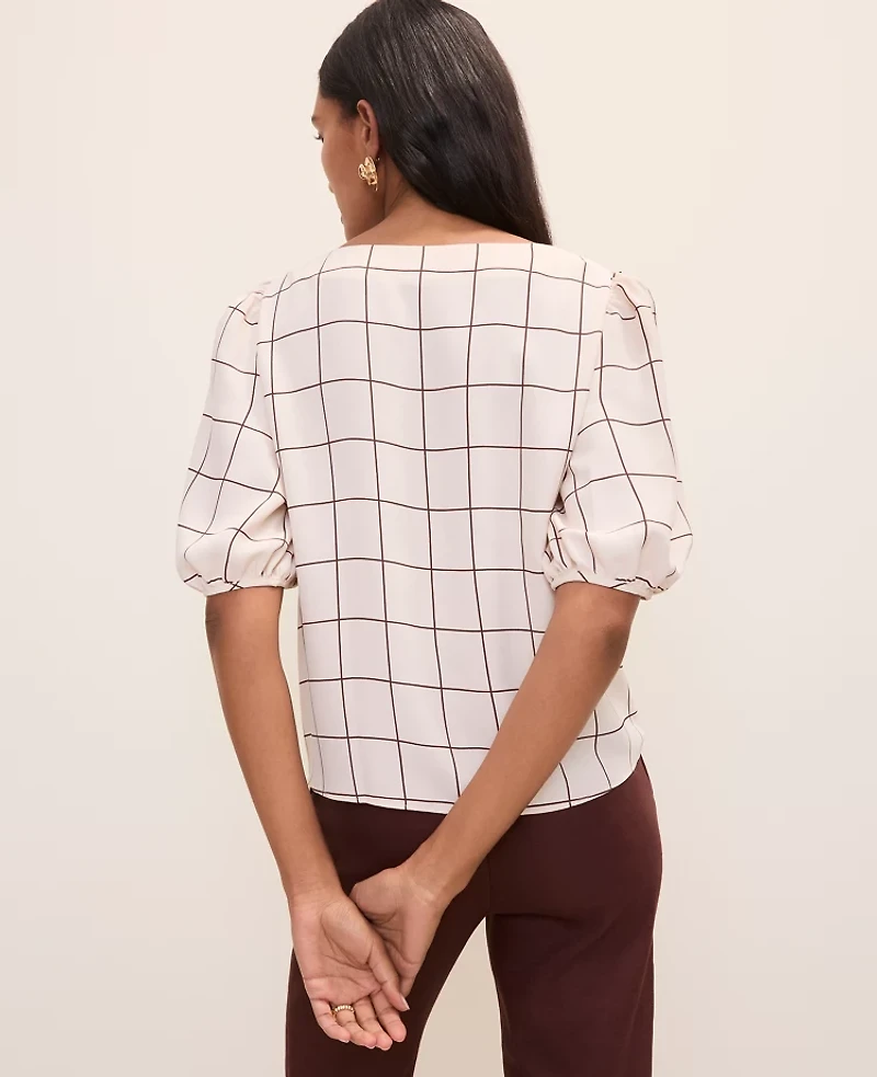 Ann Taylor Petite Windowpane Boatneck Popover Top Rich Walnut Women's