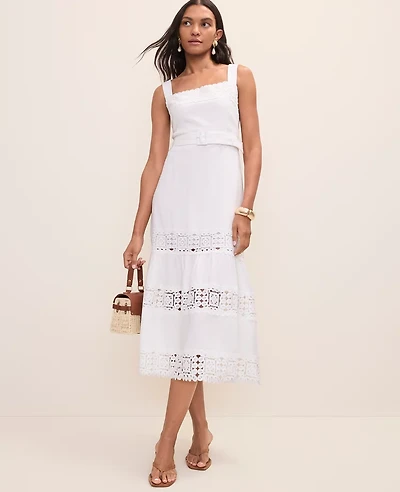 Ann Taylor Petite Tiered Midi Dress Linen Blend White Women's