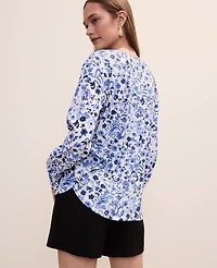 Ann Taylor Petite Floral Mixed Media Pleat Front Top Winter White - Pure Ink Women's