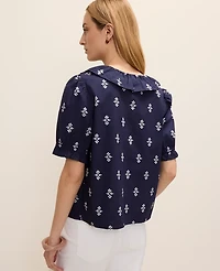 Ann Taylor Weekend Geo Ruffle Trim Blouse Winter Blue Women's