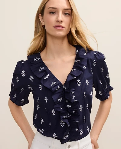 Ann Taylor Weekend Geo Ruffle Trim Blouse Winter Blue Women's