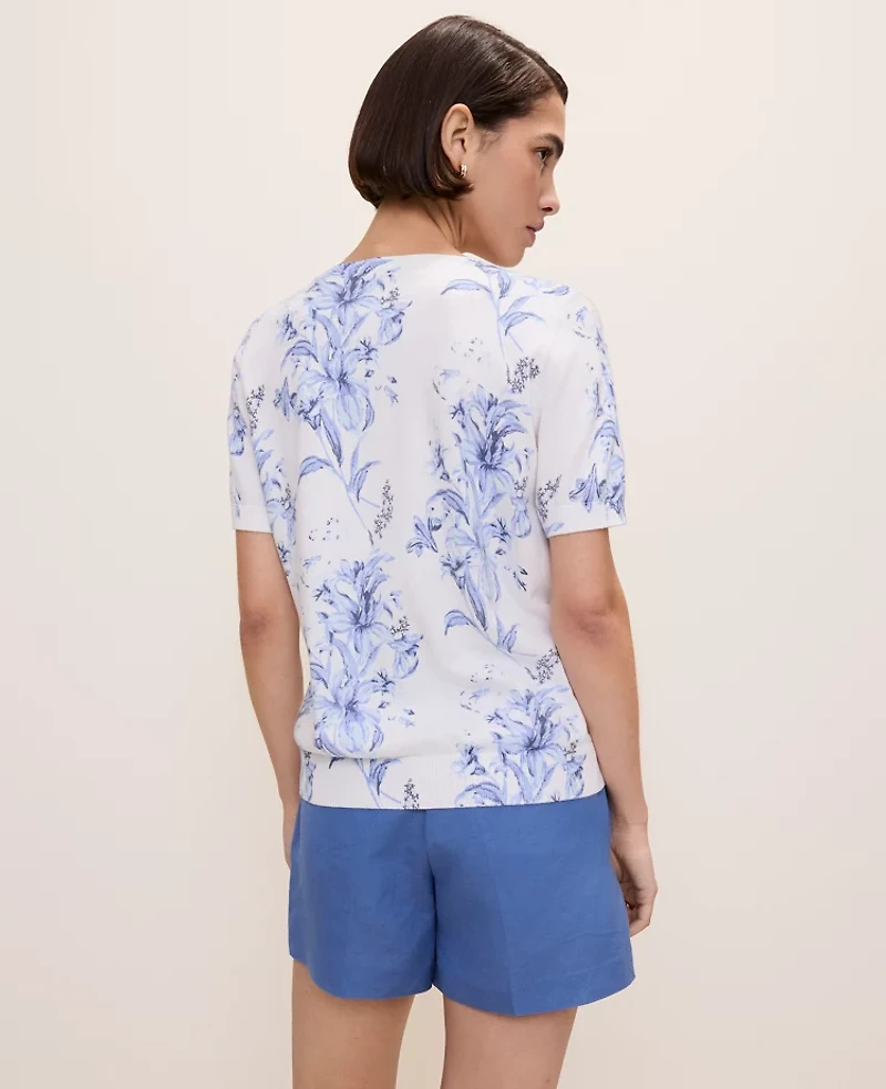 Ann Taylor Petite Floral Sweater T-Shirt White-Blue B Women's
