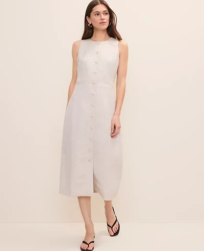 Ann Taylor Petite Button Midi Dress Linen Blend Natural Flax Women's