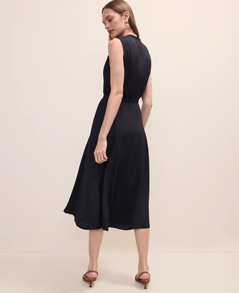 Ann Taylor Petite Belted Split Neck Flare Dress Night Sky Women's