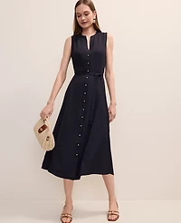 Ann Taylor Petite Belted Split Neck Flare Dress Night Sky Women's