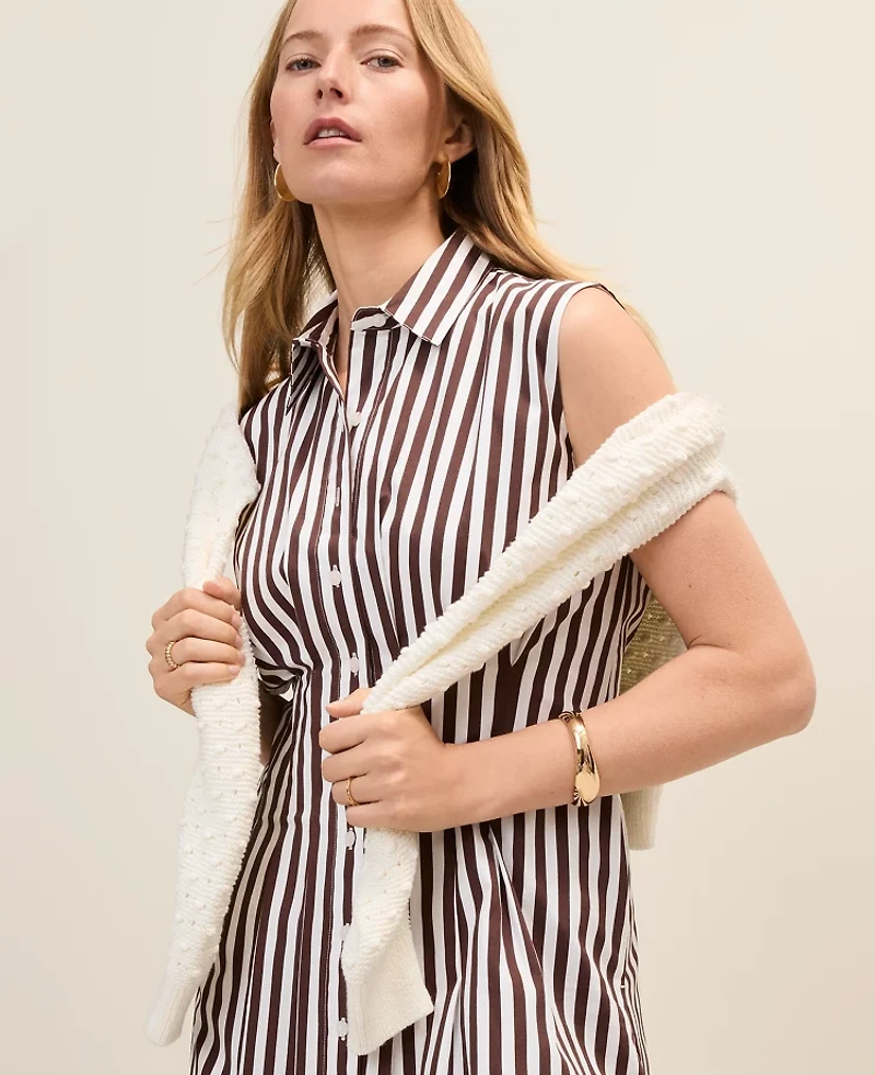 Ann Taylor Petite Weekend Striped Pleated Midi Shirtdress Rich Walnut Women's