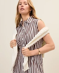 Ann Taylor Petite Weekend Striped Pleated Midi Shirtdress Rich Walnut Women's