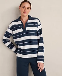 Ann Taylor Haven Well Within Organic Cotton Interlock Stripe Johnny Collar Top Twilight Wash Women's