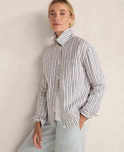 Ann Taylor Haven Well Within Everweave Linen Stripe Boxy Jacket Fresh Coffee Women's