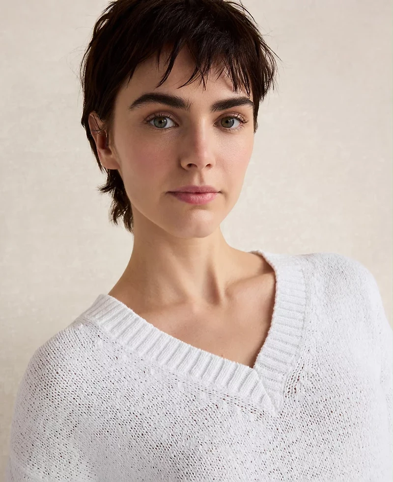 Ann Taylor Haven Well Within Cotton Blend Tape Yarn V-Neck Sweater White Women's
