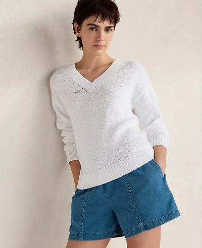 Ann Taylor Haven Well Within Cotton Blend Tape Yarn V-Neck Sweater White Women's