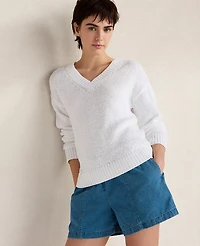 Ann Taylor Haven Well Within Cotton Blend Tape Yarn V-Neck Sweater White Women's