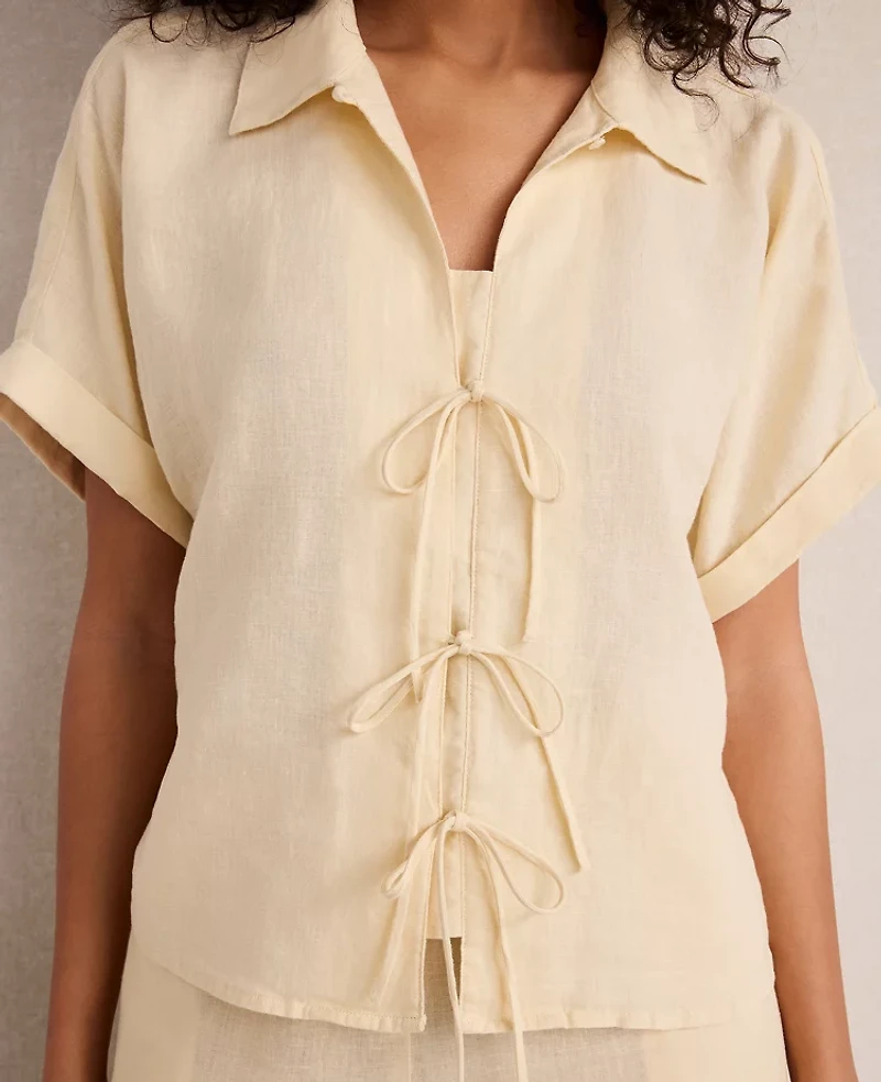 Ann Taylor Haven Well Within Linen Tie-Front Top Soft Beige Women's
