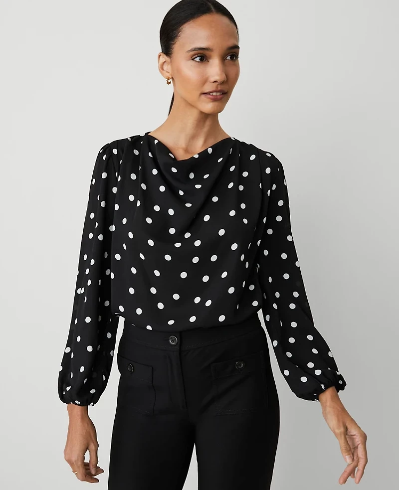 Ann Taylor Dotted Cowl Neck Top Size Medium Black Women's