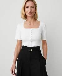 Ann Taylor Petite Button Square Neck T-Shirt White Women's