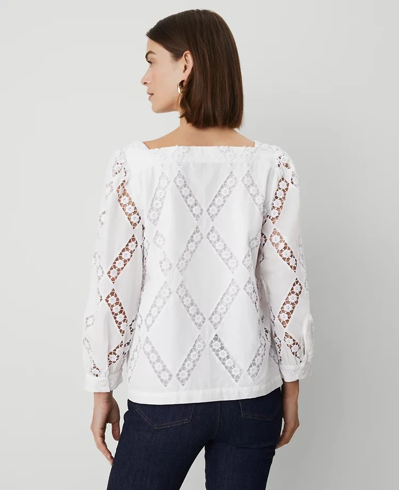 Ann Taylor Petite Embroidered Square Neck Puff Sleeve Blouse White Women's