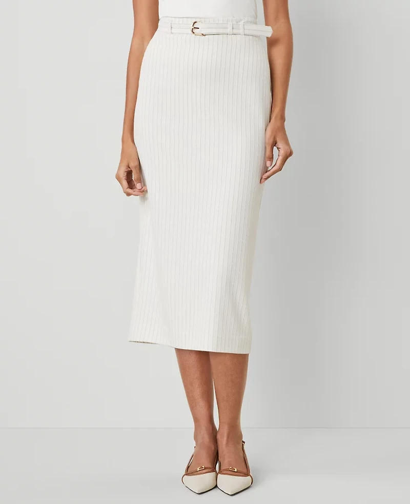 Ann Taylor Petite Pinstripe Belted Midi Pencil Skirt Dusty Ivory Melange Women's