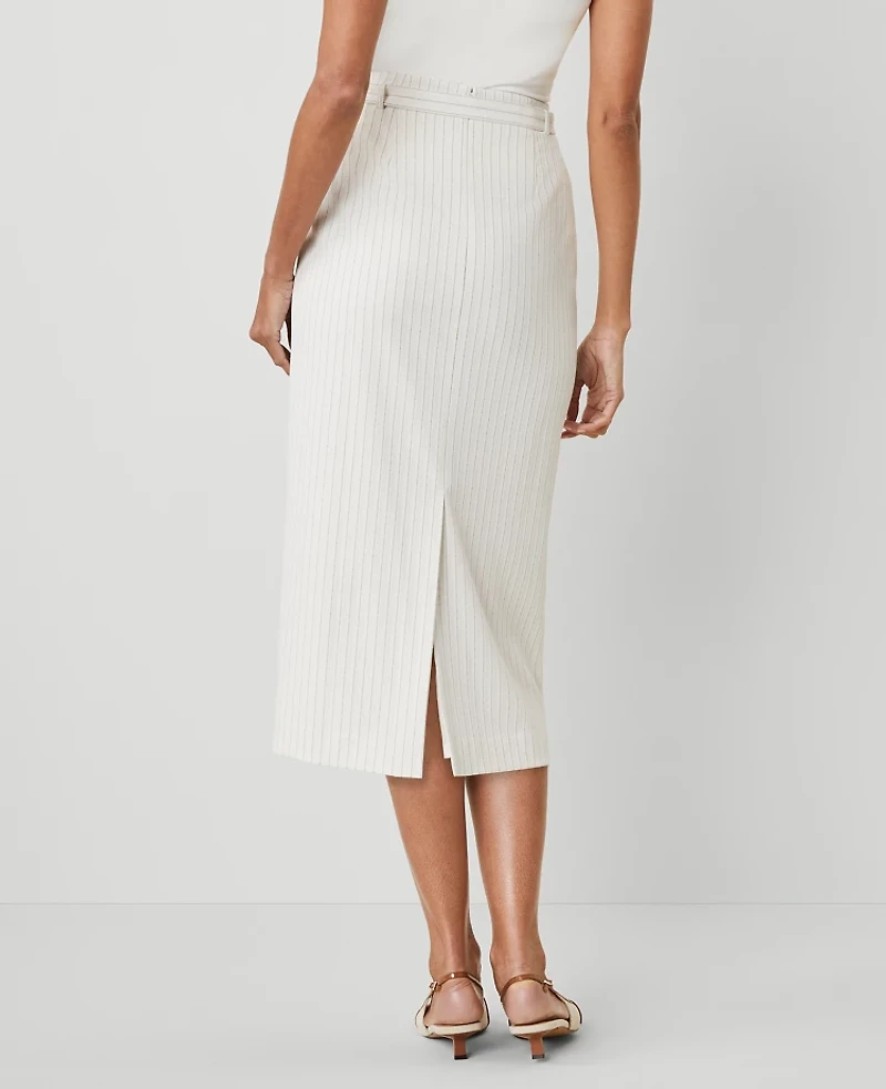 Ann Taylor Petite Pinstripe Belted Midi Pencil Skirt Dusty Ivory Melange Women's