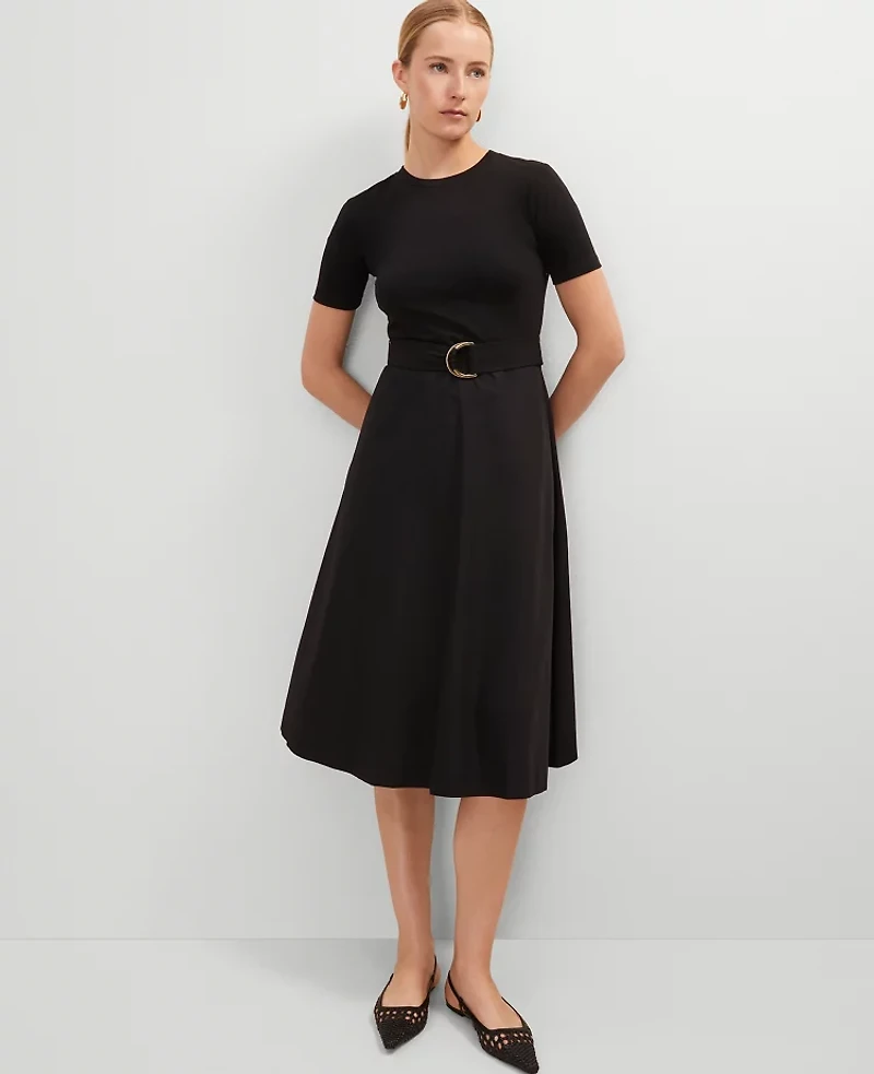 Ann Taylor Petite Mixed Media Flare Midi Dress Women's