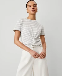 Ann Taylor Weekend Collection Striped Twist Front T-Shirt Size Large Frosted Heather Women's
