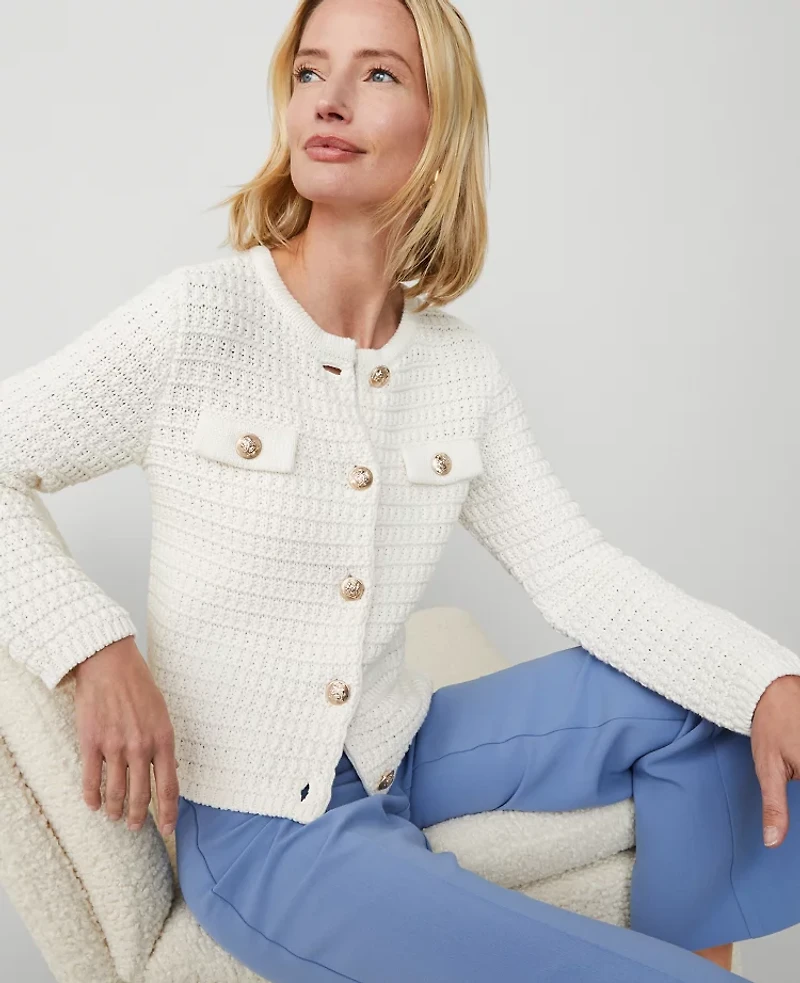 Ann Taylor Geo-Stitch Cardigan Size Large Winter White Women's