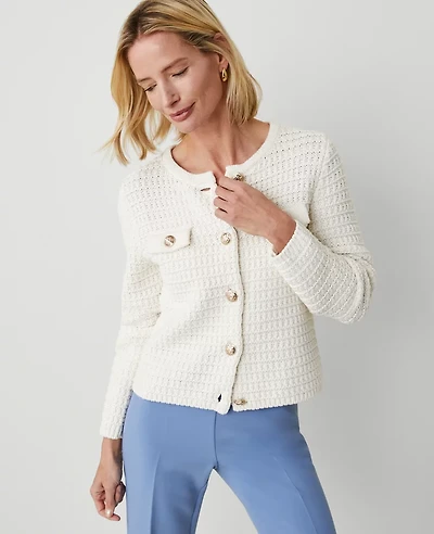 Ann Taylor Geo-Stitch Cardigan Size Large Winter White Women's