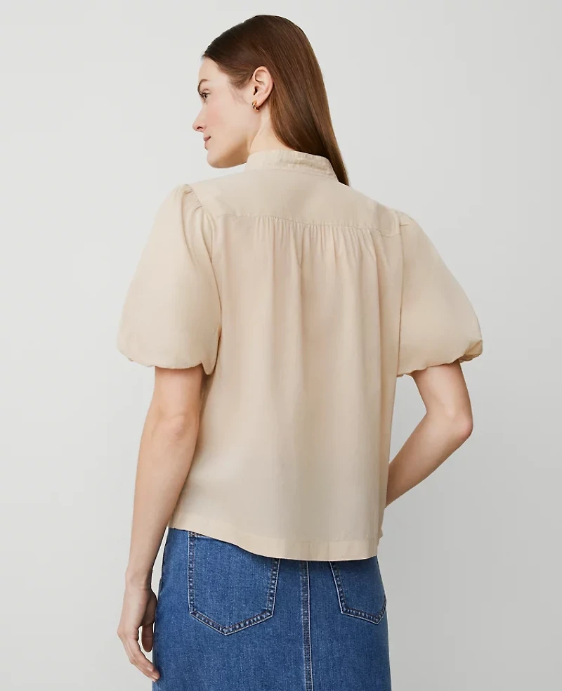 Ann Taylor Petite Puff Sleeve Popover Top Size XS Toasted Oat Women's