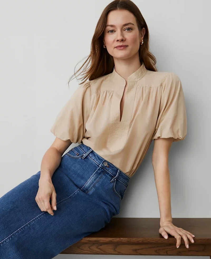 Ann Taylor Petite Puff Sleeve Popover Top Size XS Toasted Oat Women's